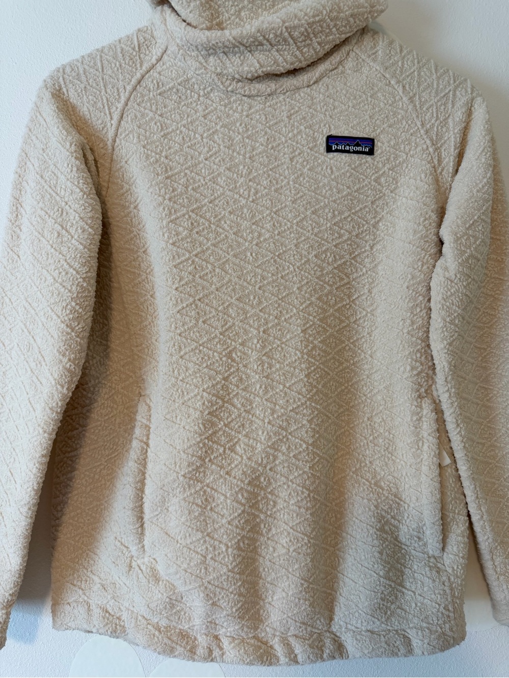 Patagonia Cream Sherpa Diamond Capra Cowl Neck Hoodie Sweatshirt Calcium - Picture 6 of 12